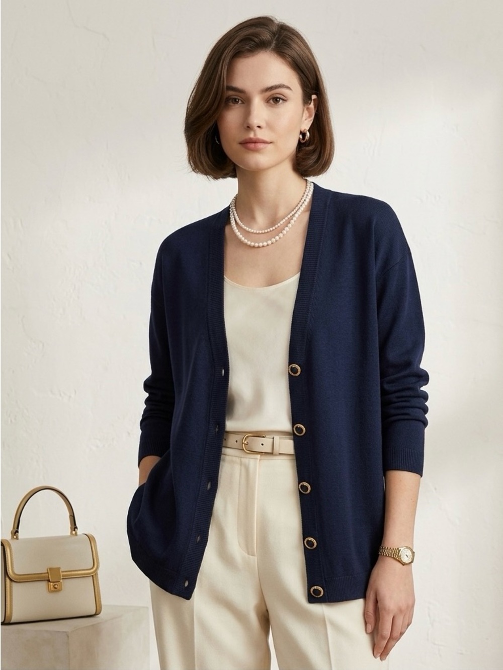 St. John by Marie Gray | Vintage Oversized Navy Blue Knit Cardigan | Size Medium